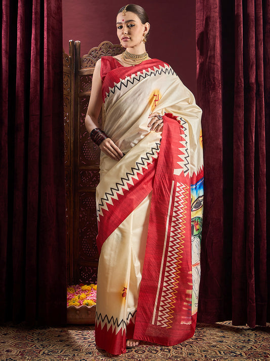 Women's Silk Blend Off White Printed Celebrity Saree With Blouse Piece