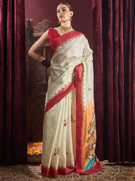 Women's Silk Blend Off White Printed Celebrity Saree With Blouse Piece
