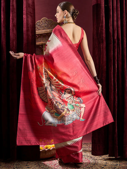 Women's Silk Blend Off White Printed Celebrity Saree With Blouse Piece