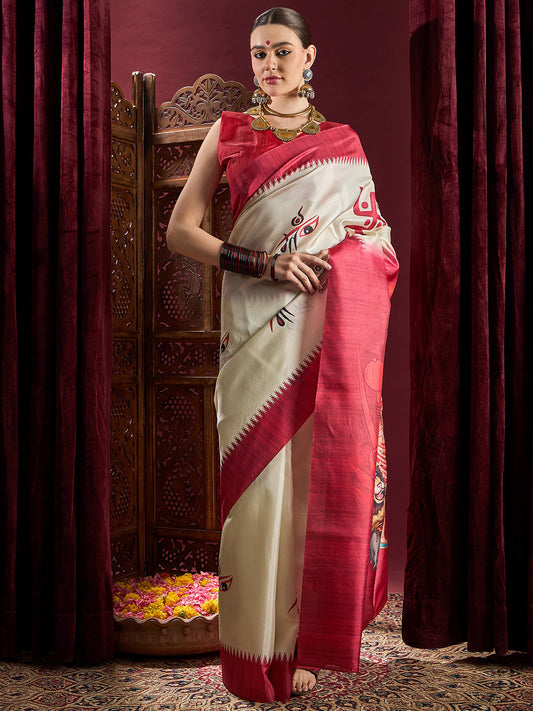 Women's Silk Blend Off White Printed Celebrity Saree With Blouse Piece