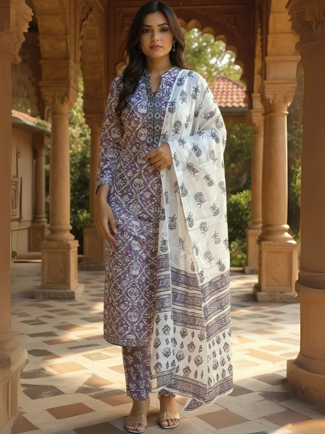Women Ethnic Motifs Printed Regular Pure Cotton Kurta & Trousers With Dupatta