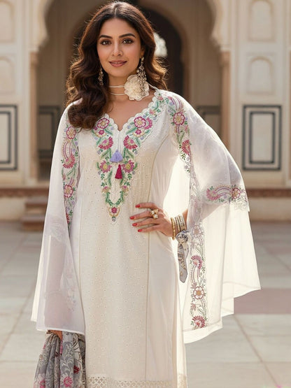 Floral Embroidered Thread Work Pure Cotton Straight Kurta With Trousers & Dupatta