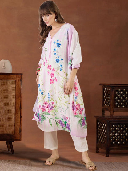 Women Floral Printed Regular Linen Kurta with Trousers