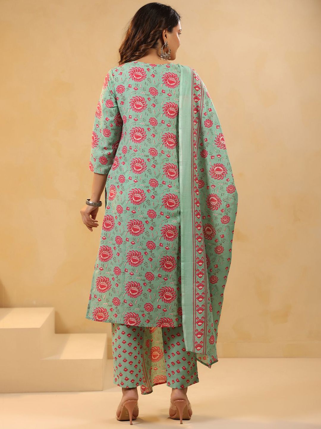 Floral Printed Mirror Work Straight Kurta With Trousers & Dupatta