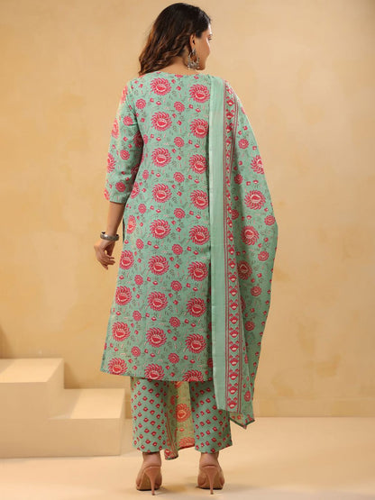 Floral Printed Mirror Work Straight Kurta With Trousers & Dupatta