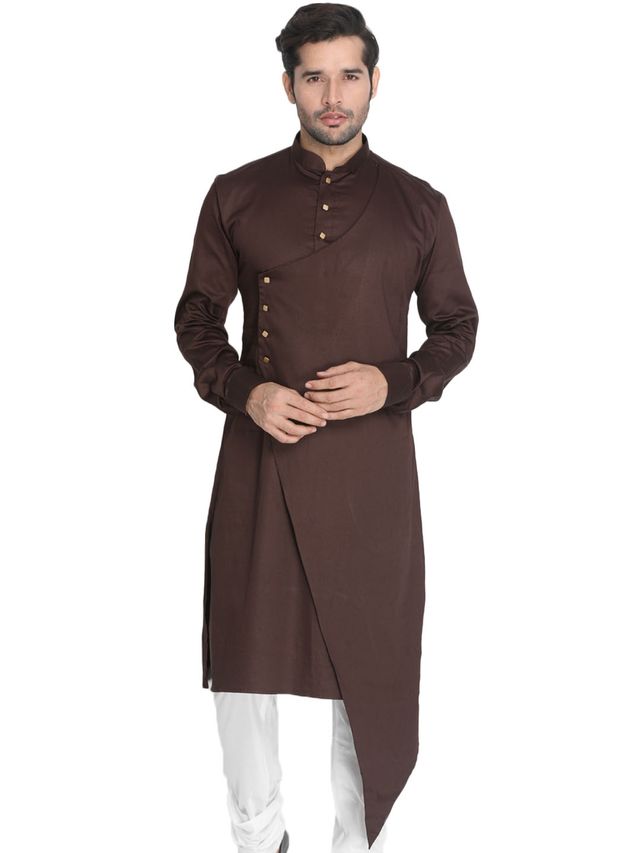 Men's Coffee Cotton Cotton Satin Asymmetric Kurta Pyjama Set