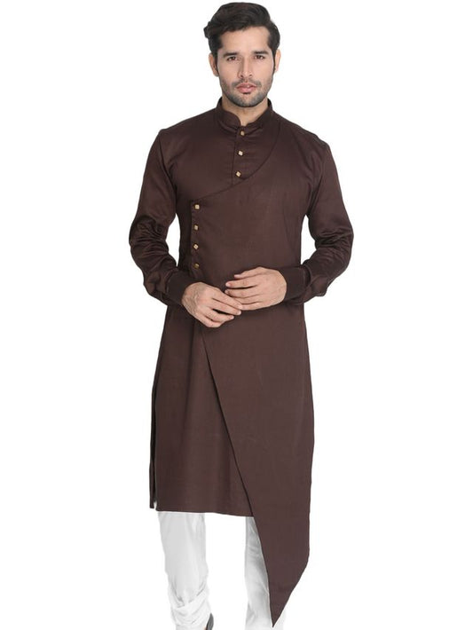 Men's Coffee Cotton Cotton Satin Asymmetric Kurta Pyjama Set