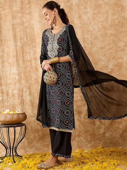 Bandhani Printed Straight Pure Cotton Kurta with Palazzos & Dupatta