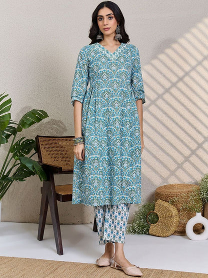 Women Ethnic Motifs Printed Regular Thread Work Pure Cotton Kurta with Trousers & With Dupatta
