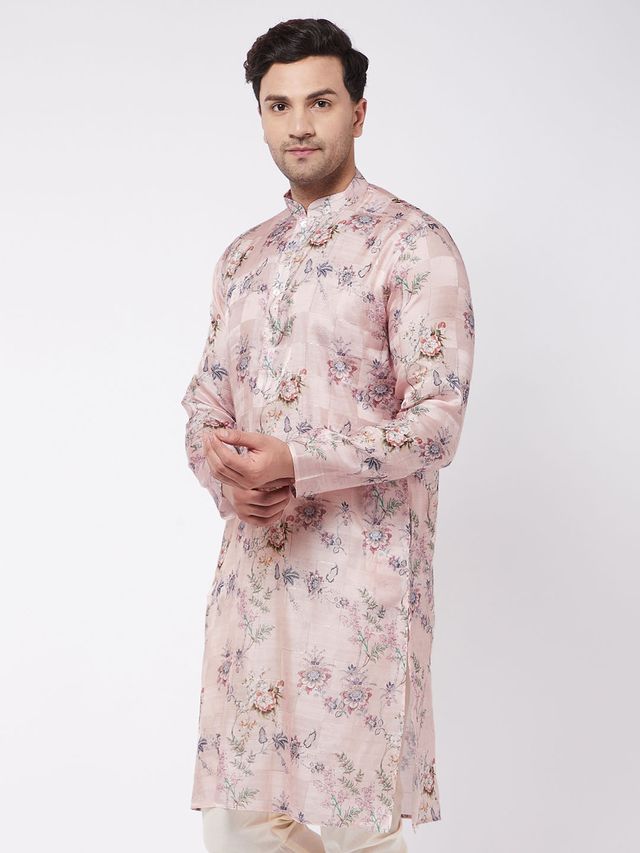 Men's MulticolorBasePeach Cotton Blend Straight Kurta