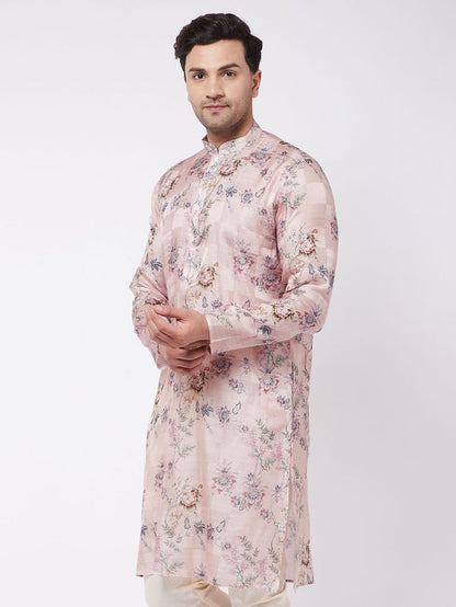 Men's MulticolorBasePeach Cotton Blend Straight Kurta