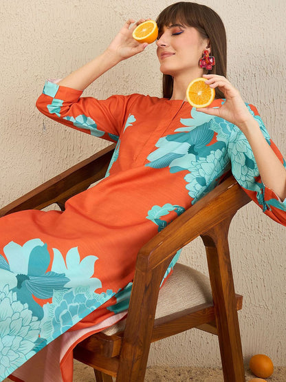 Dhiyona IE Floral Printed Straight Kurta With Trousers