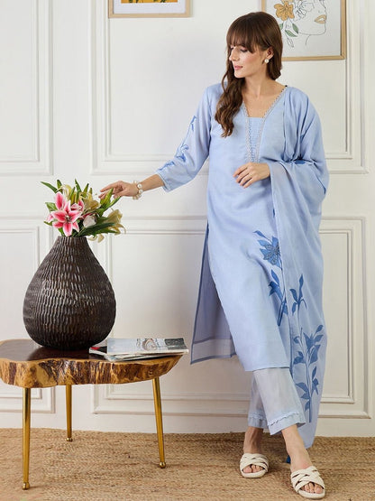 Women Floral Printed Linen Kurta with Trousers & Dupatta