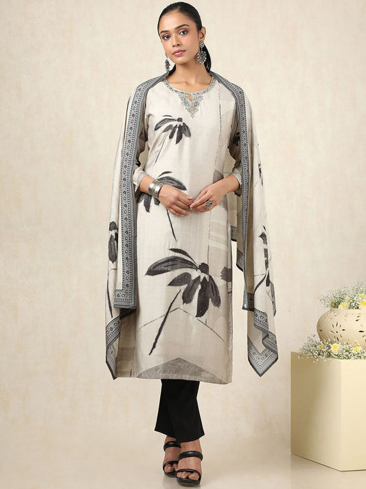 Dhiyona SO Women's Floral Printed Keyhole Neck Pure Cotton Straight Kurta With Trouser & Dupatta