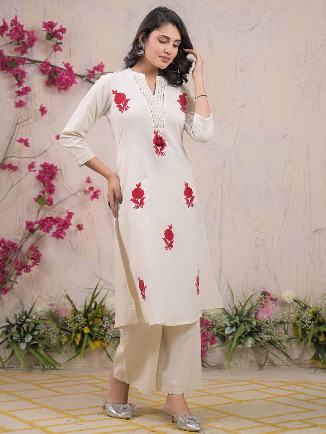 Floral Embroidered Thread Work Pure Cotton A-Line Kurta With Palazzos