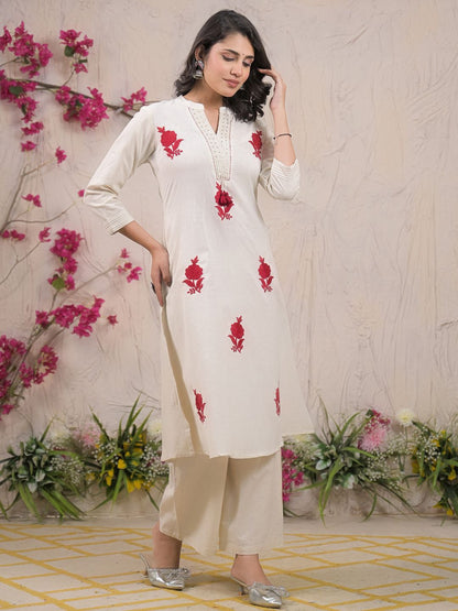 Floral Embroidered Thread Work Pure Cotton A-Line Kurta With Palazzos