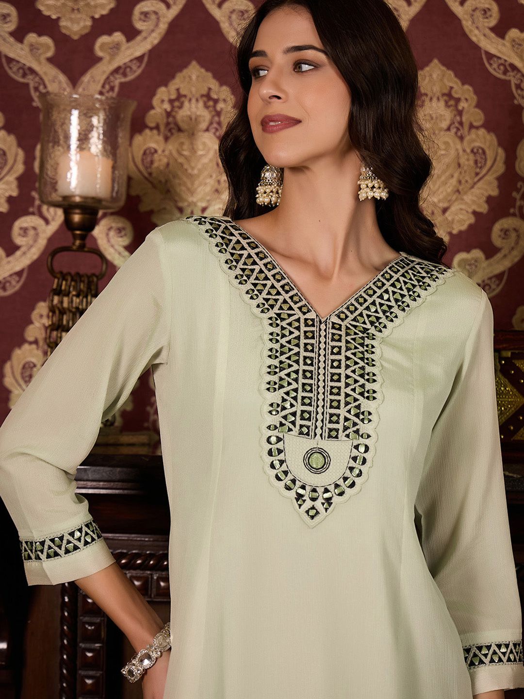 Dhiyona CH Women Ethnic Motifs Embroidered V-Neck Thread Work A-Line Regular Kurta Set