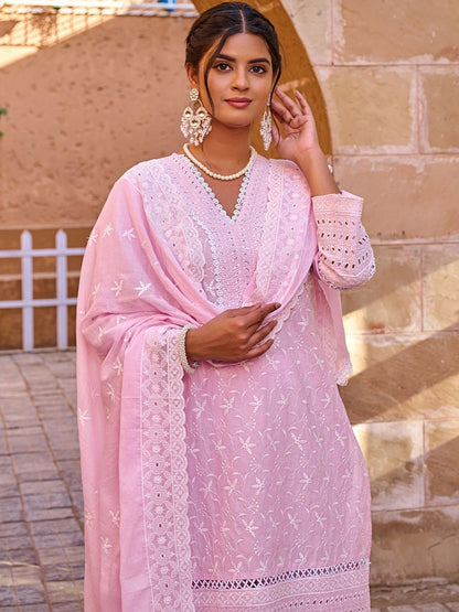 Women Ethnic Motifs Embroidered Cotton Kurta with Trousers & Dupatta