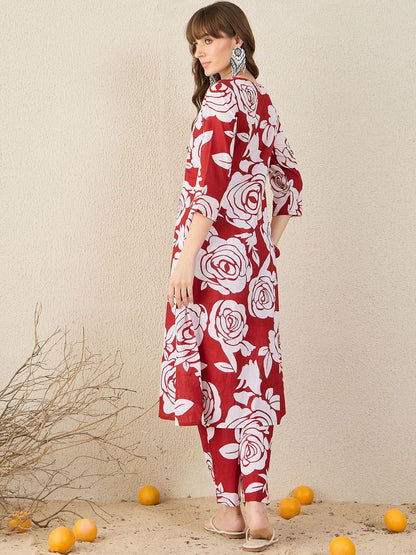 Dhiyona IE Floral Printed Pure Cotton Round Neck Tunic With Trousers Co-Ords