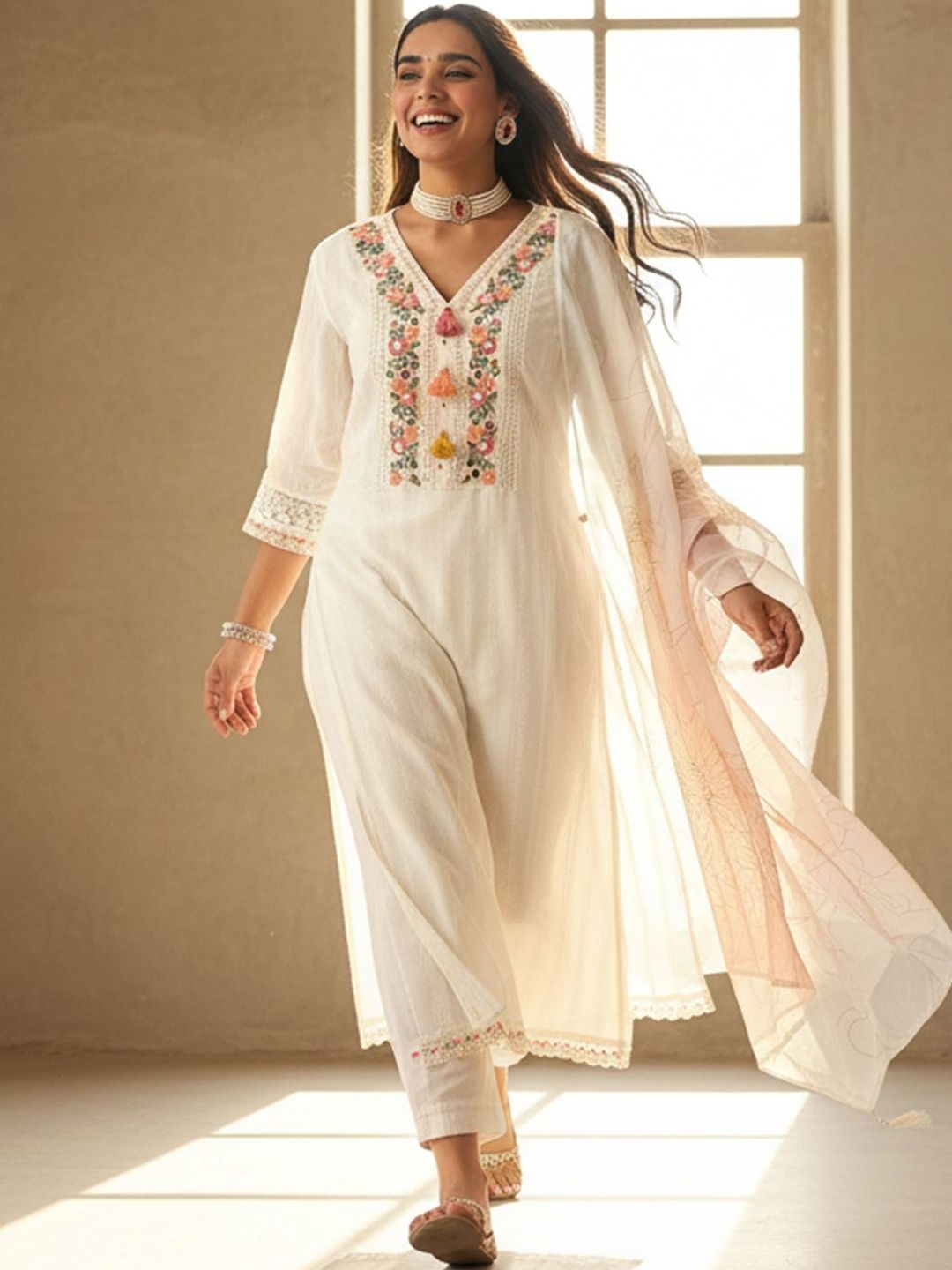 Floral Embroidered Regular Mirror Work Pure Cotton Kurta With Trousers & Dupatta