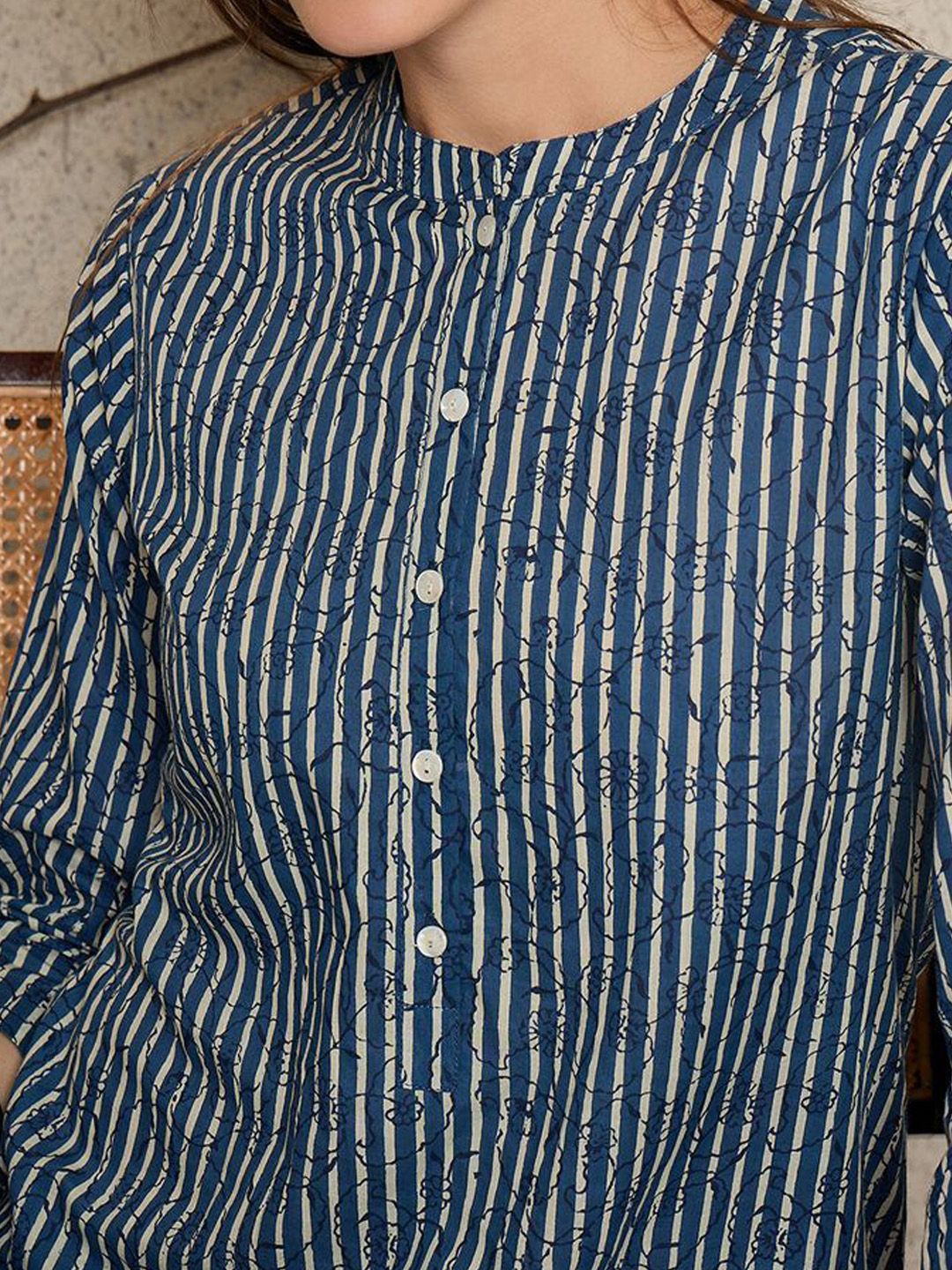 Dhiyona IE Women Printed Mandarin Collar Cotton Top and Trousers Co-Ords