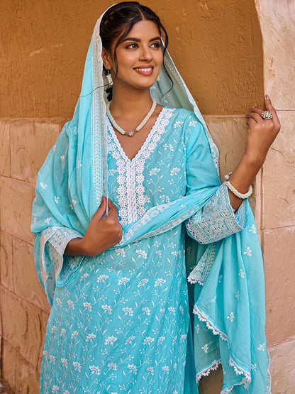 Women Ethnic Motifs Embroidered Regular Thread Work Pure Cotton Kurta with Trousers & With Dupatta