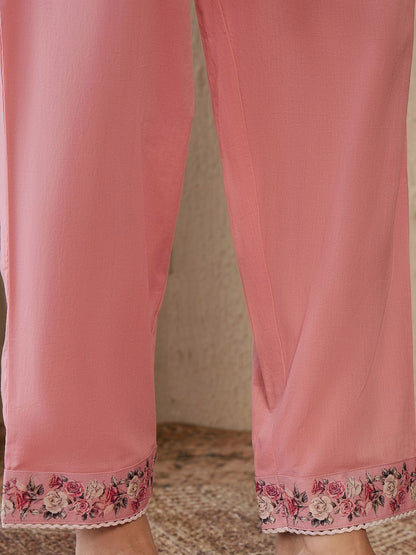 Women Floral Embroidered Regular Thread Work Linen Kurta with Trousers & With Dupatta