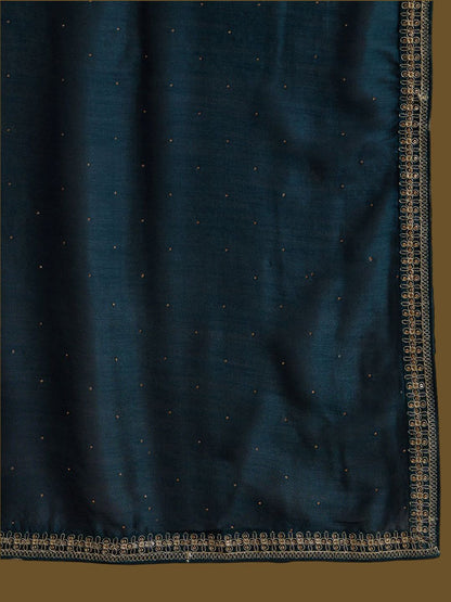 Ethnic Embroidered Thread Work Round Neck Silk Blend Kurta with Trouser & Dupatta