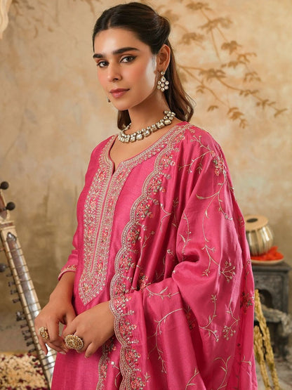 Embroidered Thread Work Kurta with Palazzo & With Dupatta