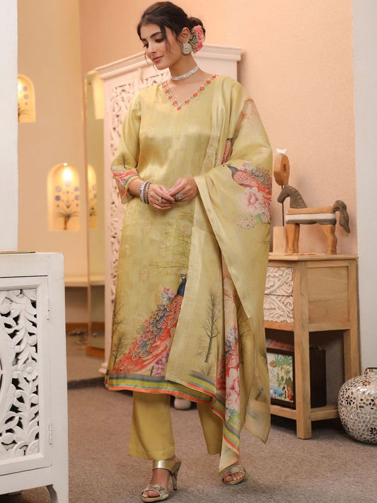 Dhiyona RR Women's Ethnic Motifs Printed Chanderi Cotton Kurta with Trousers & Dupatta