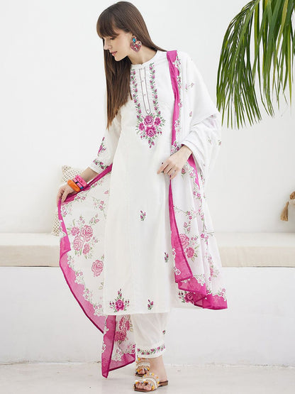 Floral Embroidered Thread Work Pure Cotton Kurta With Trousers & Dupatta