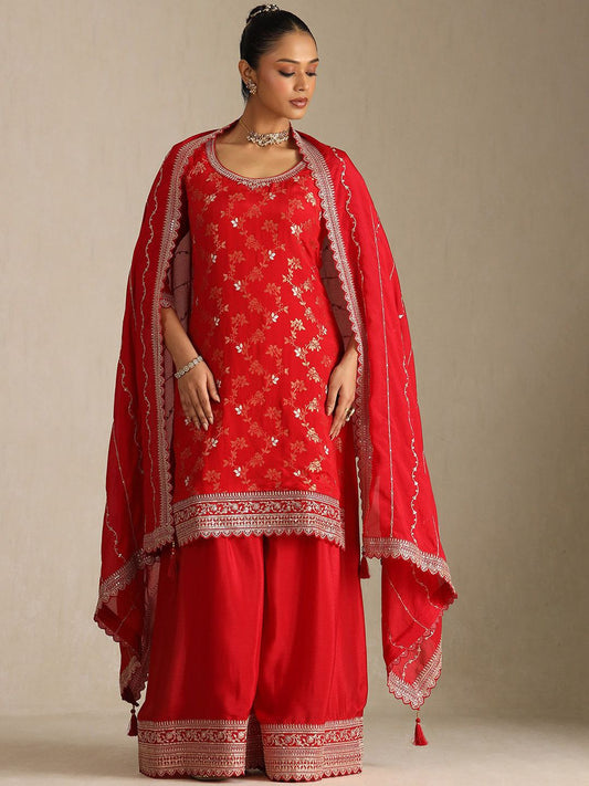 Dhiyona SO Women's Floral Embroidered Sequinned Straight Kurta With Palazzos And Dupatta