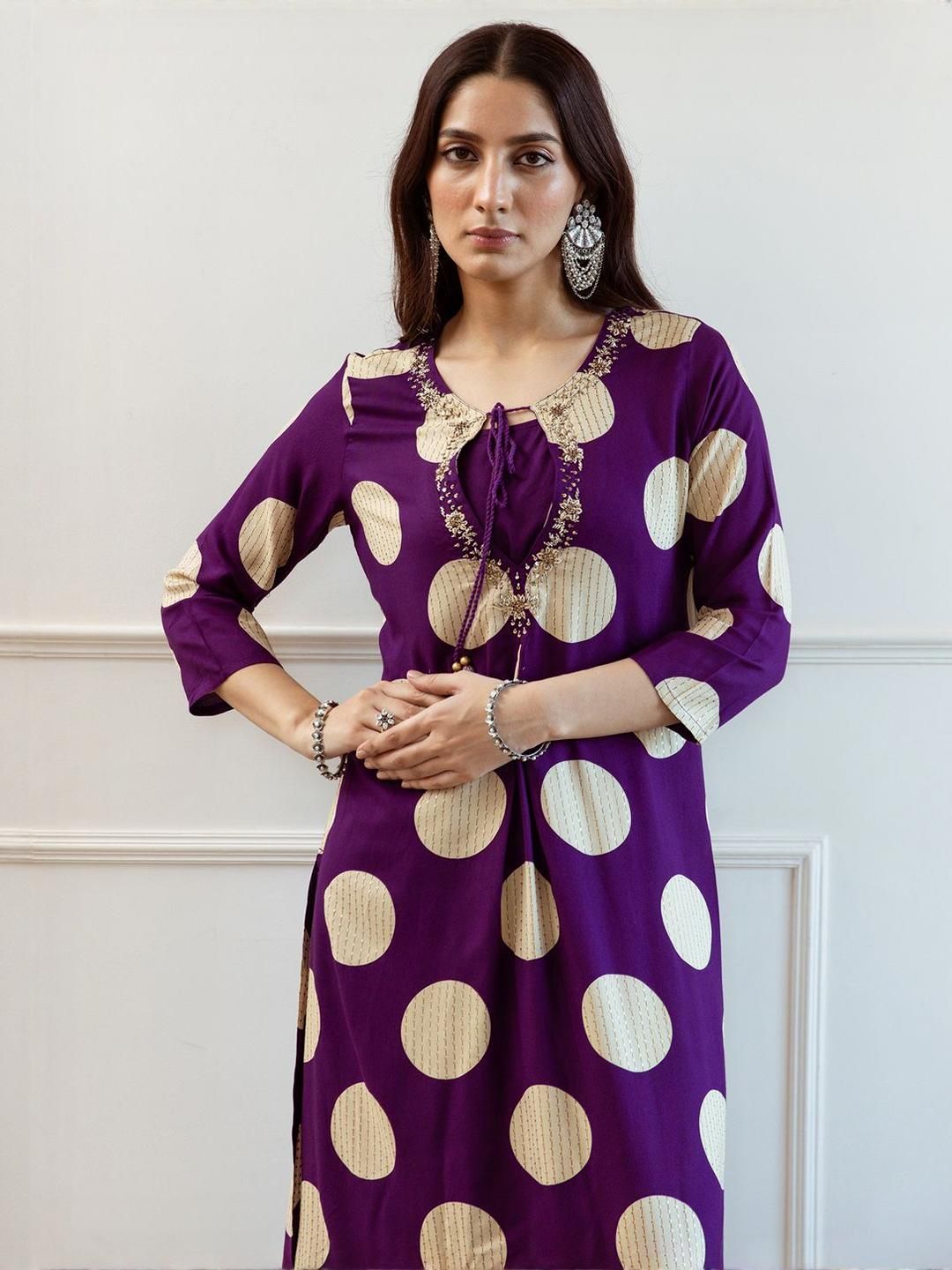 Women Printed Regular Beads and Stones A-Line Kurta with Palazzos