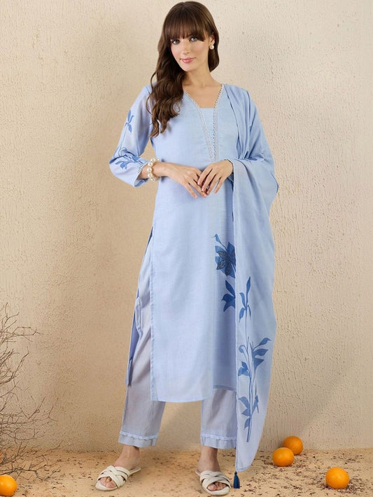Women Floral Printed Regular Thread Work Linen Kurta with Trousers & With Dupatta