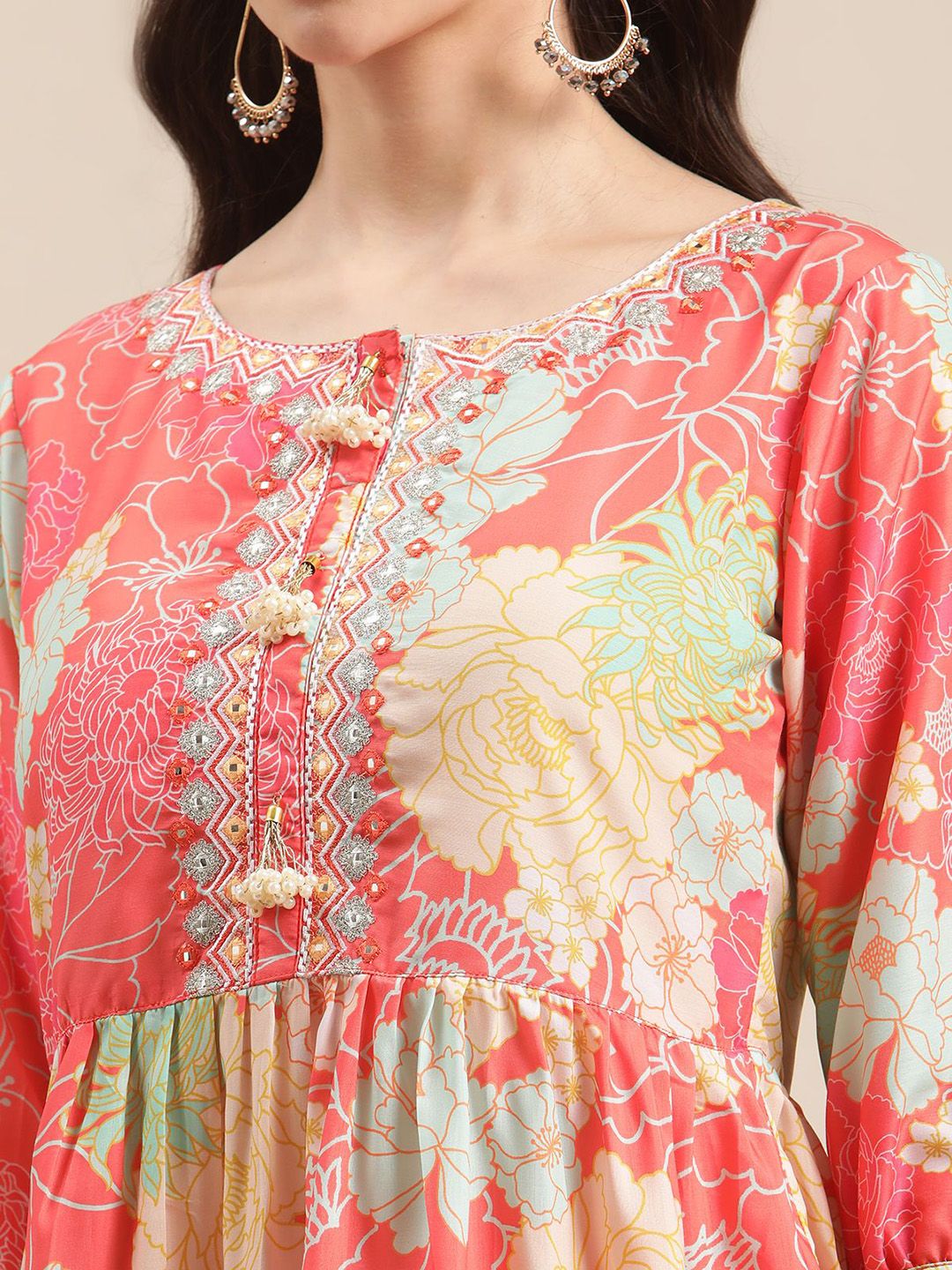 Dhiyona VA Women'sFloral Printed Empire Mirror Work Anarkali Kurta with Sharara & With Dupatta