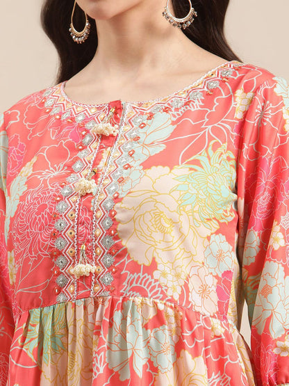 Dhiyona VA Women'sFloral Printed Empire Mirror Work Anarkali Kurta with Sharara & With Dupatta