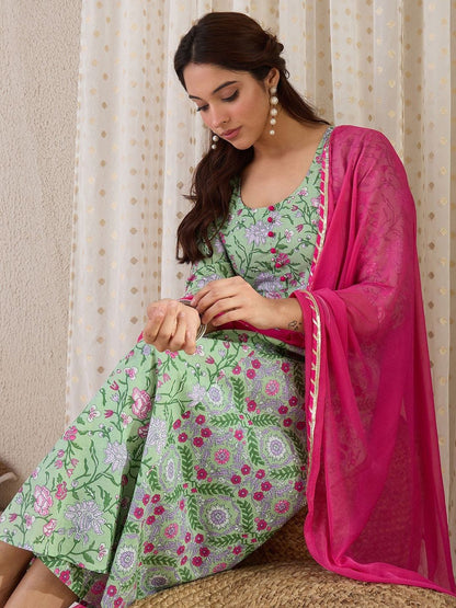 Women Floral Printed Regular Pure Cotton Kurta with Trousers & With Dupatta