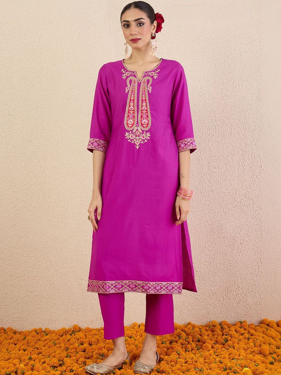 Women Ethnic Motifs Embroidered Regular Thread Work Kurta with Trousers & With Dupatta