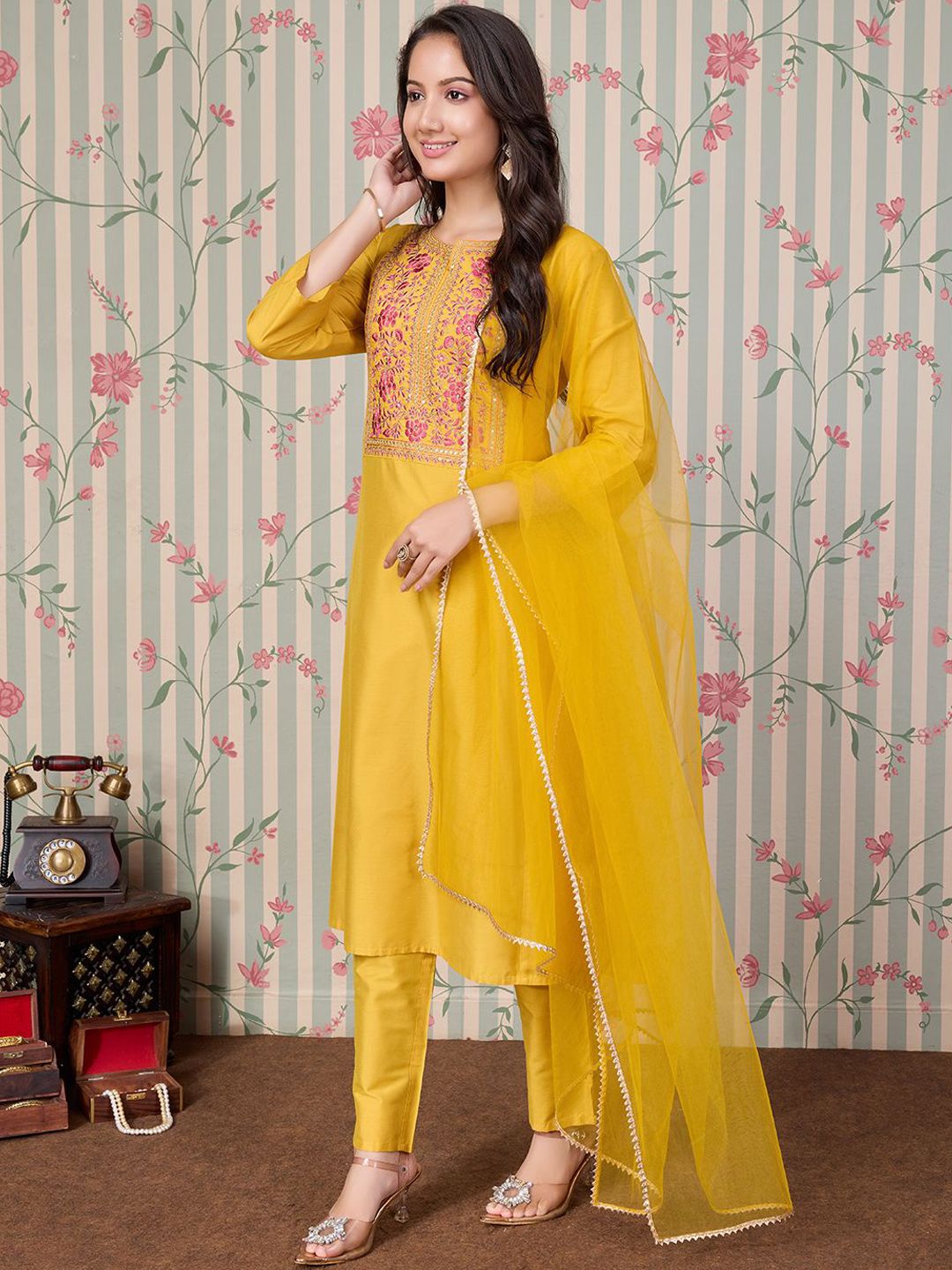 Dhiyona OD  Floral Embroidered A Line Kurta with Trousers & With Dupatta