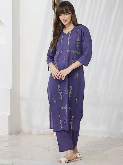 Dhiyona IE Embroidered Pure Cotton V-Neck Top With Trousers Co-Ords