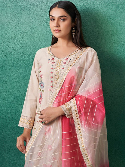 Women Floral Embroidered Regular Mirror Work Kurta with Trousers & With Dupatta