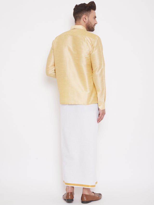 Men's Gold Silk Blend Straight Shirt And Mundu