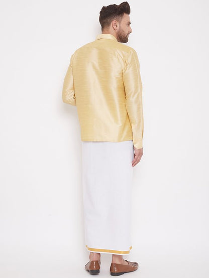 Men's Gold Silk Blend Straight Shirt And Mundu