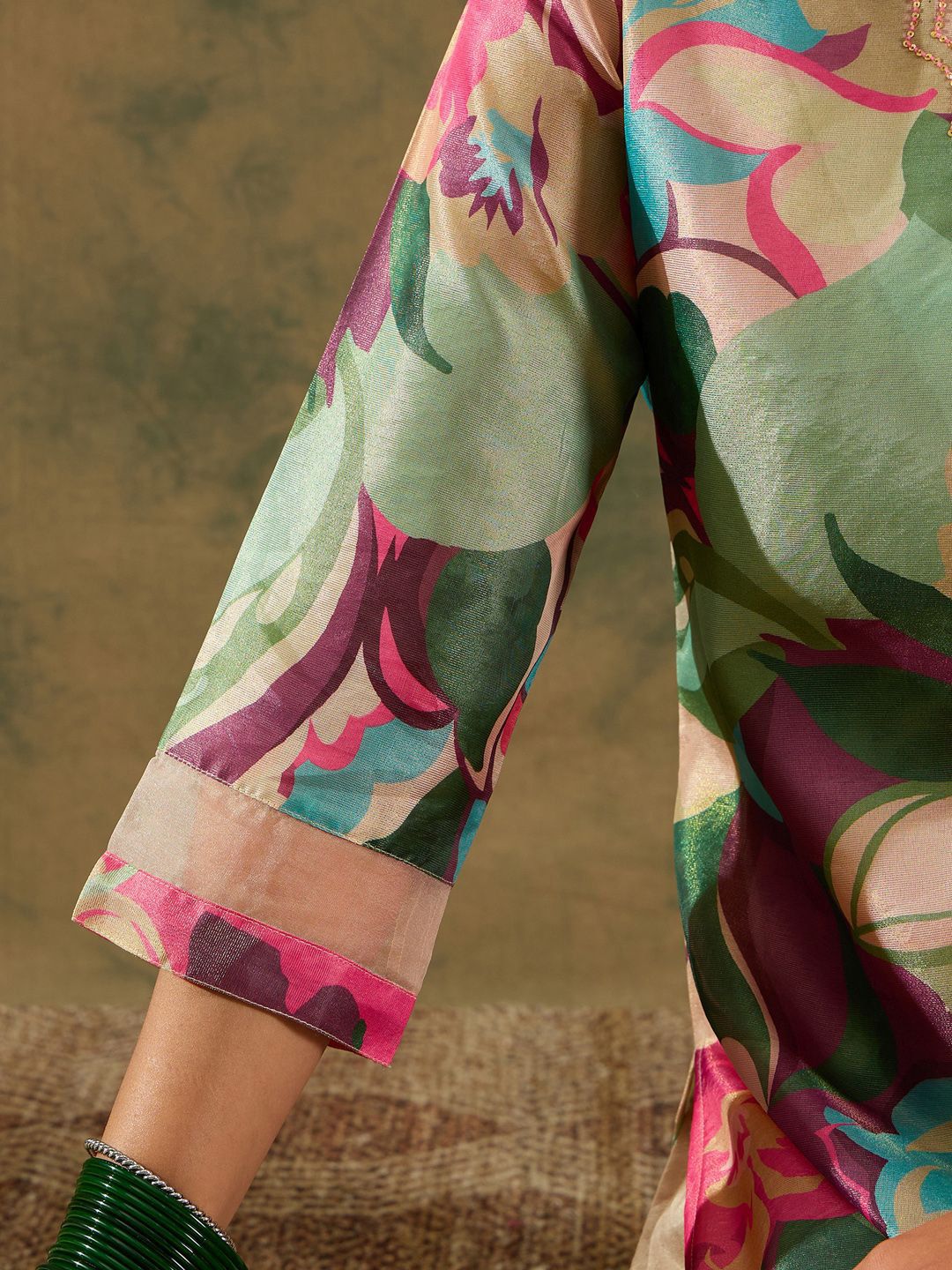 Floral Printed V-Neck Kurta with Trouser & Dupatta