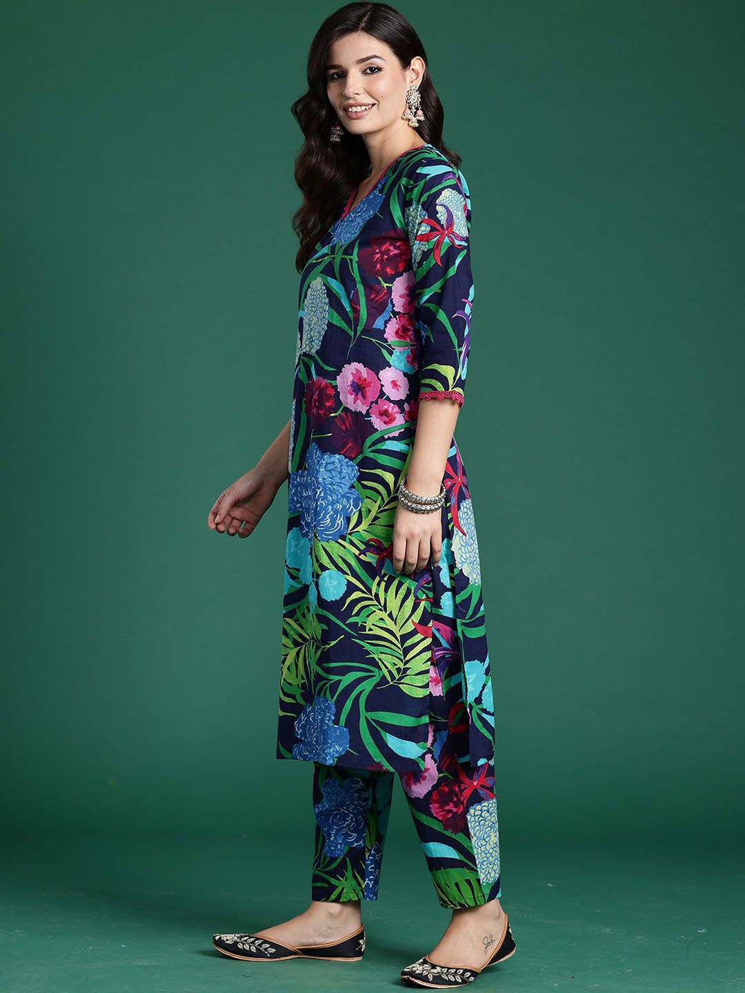 Dhiyona IE Tropical Printed V-Neck Pure Cotton Tunic With Trouser