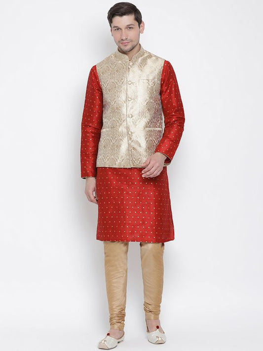 Men's Maroon Silk Blend Straight Jacket  Kurta and Pyjama Set