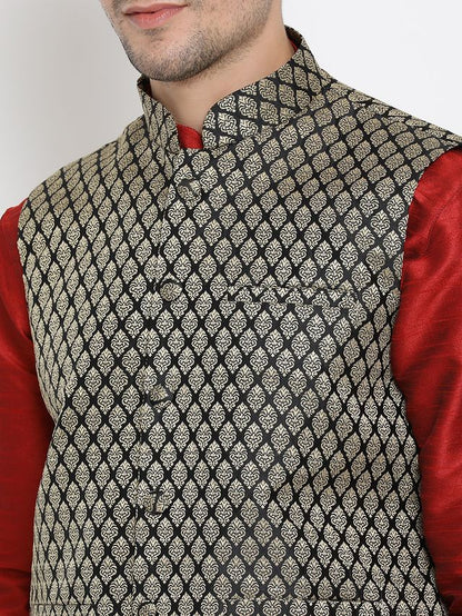Men's Maroon Silk Blend Straight Jacket  Kurta and Dhoti Set