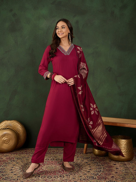 Dhiyona SN Women's Thread Work V-Neck Straight Kurta With Trousers And Dupatta