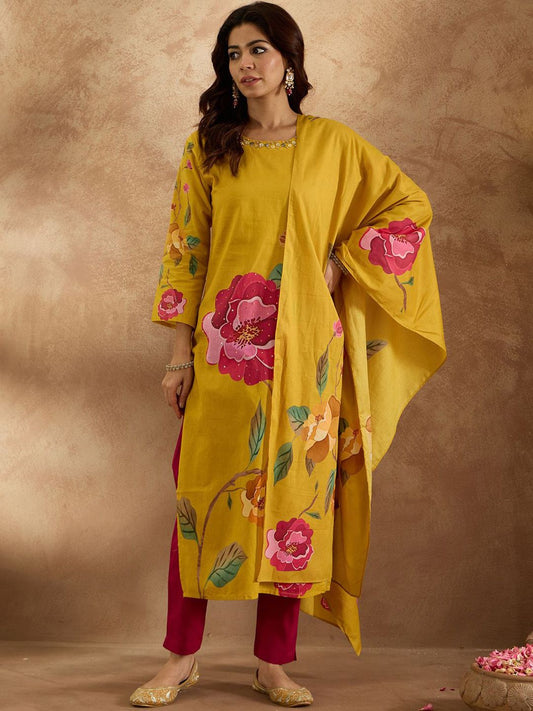 Dhiyona IE Women Floral Printed Regular Pure Cotton Kurta with Trousers & With Dupatta