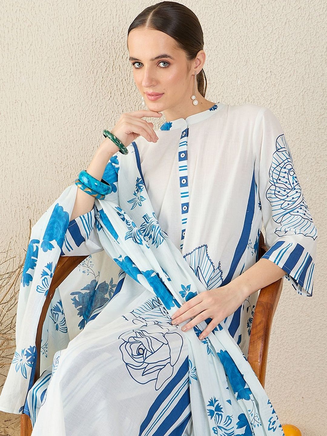 Dhiyona IE Women Floral Printed Cotton A-Line Kurta with Trousers & Dupatta